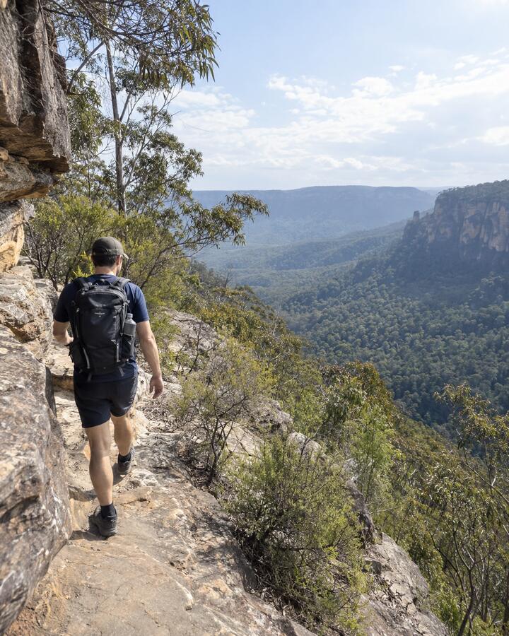 A friend walking along a sandstone ledge above a eucalyptus valley