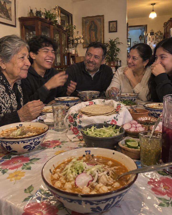 A family laughing around a dinner table with bowls of pozole